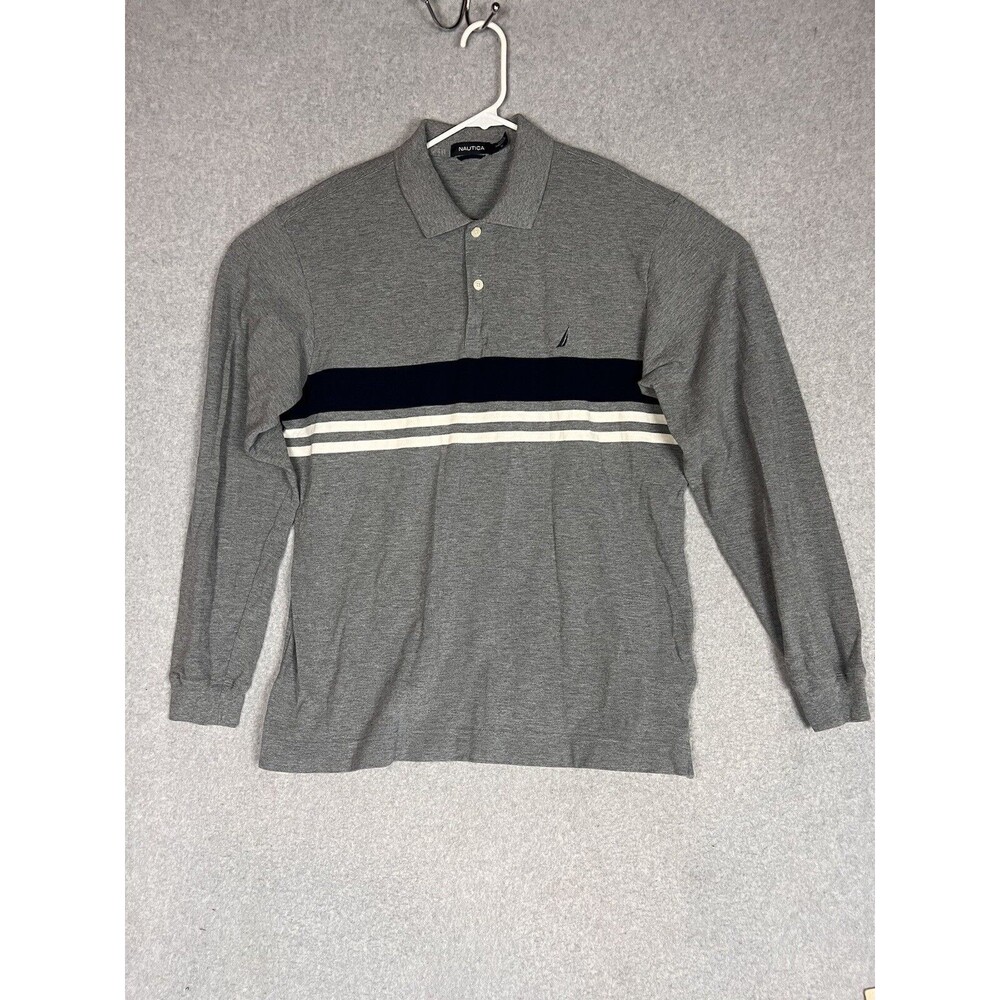 Nautica Polo Shirt Mens Large Y2K Gray Blue Casual Long Sleeve Embroidered Logo